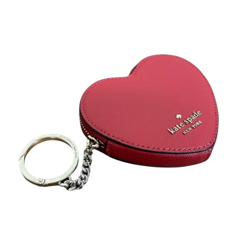 NEW Kate Spade Heart Coin Purse Saffiano Leather Red Keychain